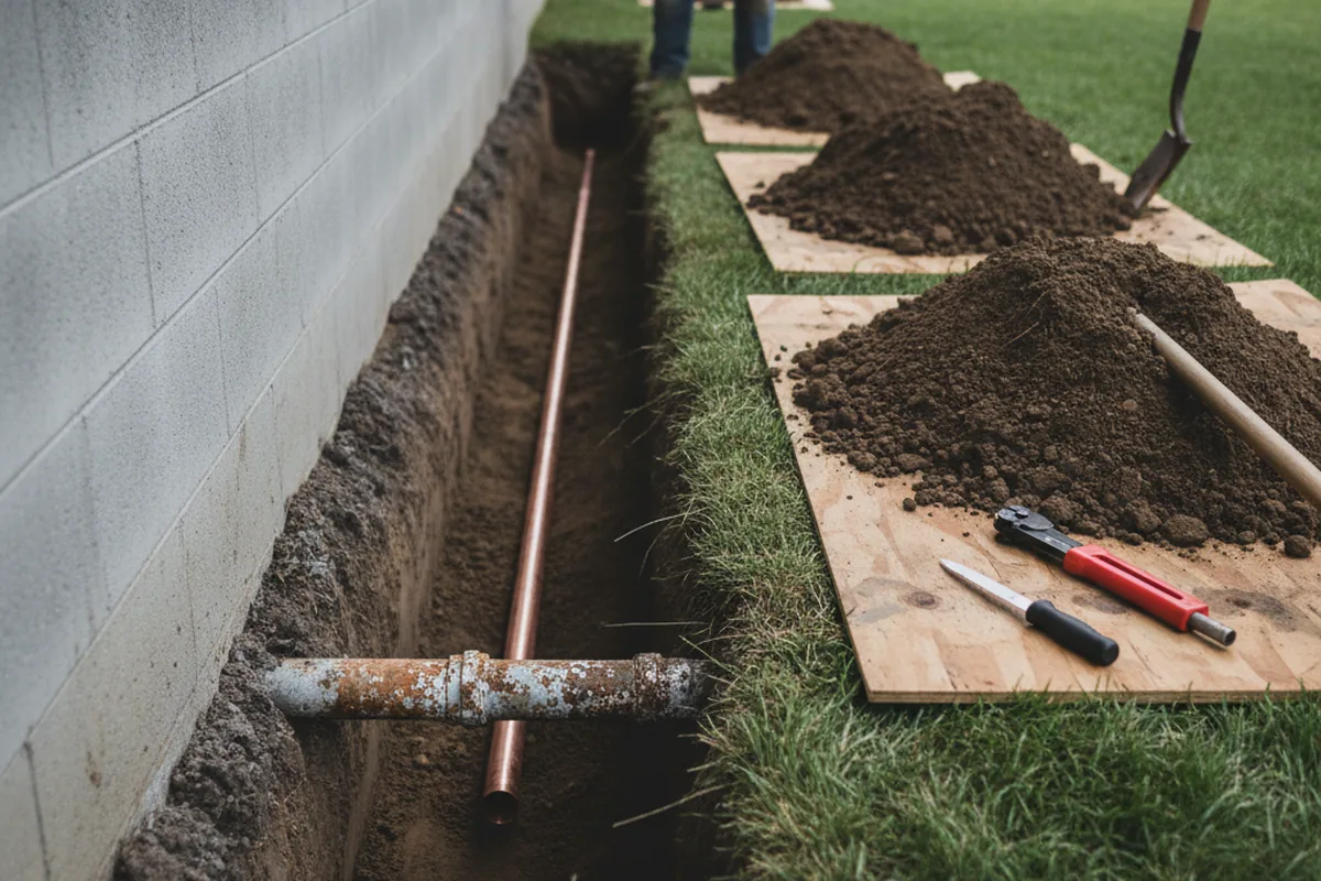 Excavated water line trench during Water Heater Repair in Prather